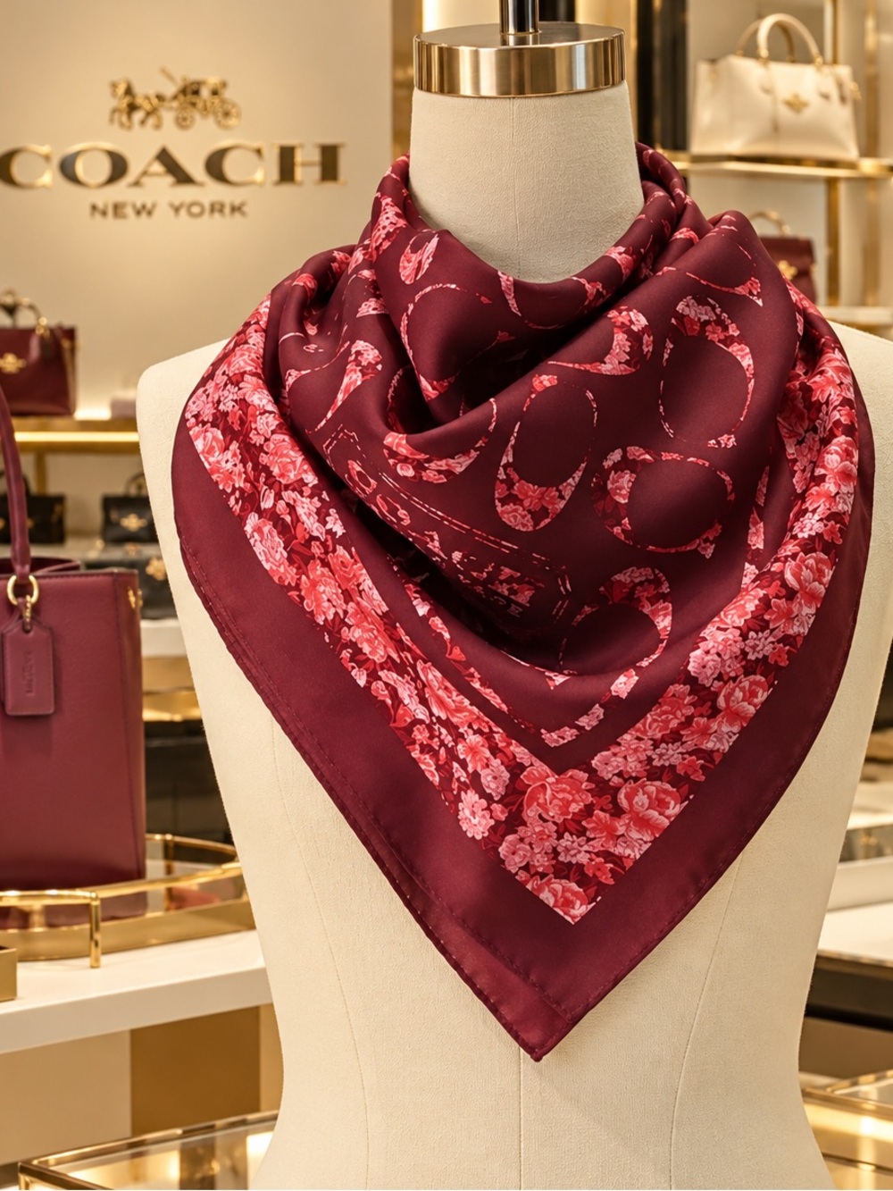 Coach Silk Signature C Rose Meadow Dark Ruby Print Floral Scarf 35”